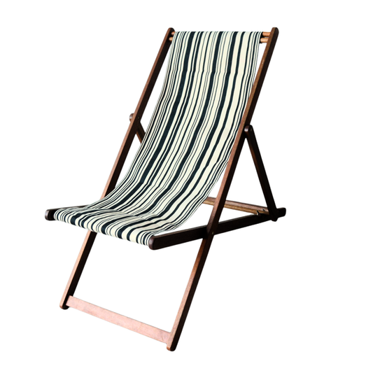 Hardwood folding deckchair with cotton Les Toiles du Soleil fabric with black and off white stripes. Like a barcode, on a white background