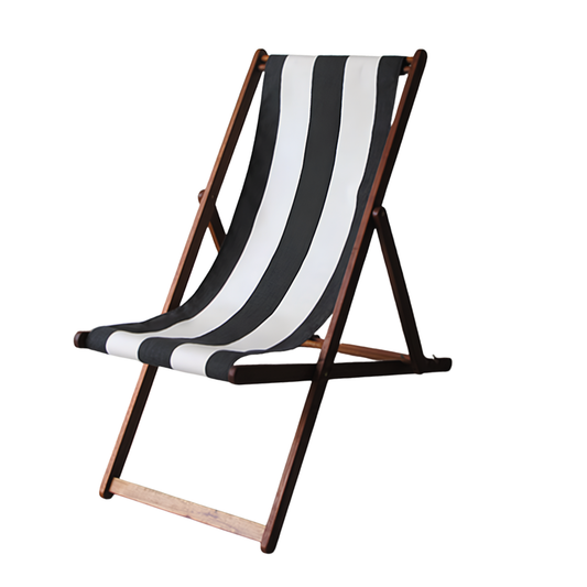 Ici et la hardwood folding deckchair with charcoal and white waterproof Sunbrella block stripe fabric. On a white background