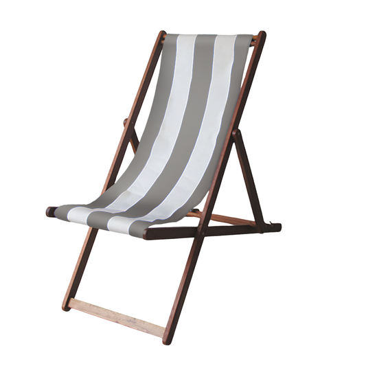 Hardwood folding deckchair with outdoor Sunbrella waterproof light grey and white block stripe fabric. On a white background.
