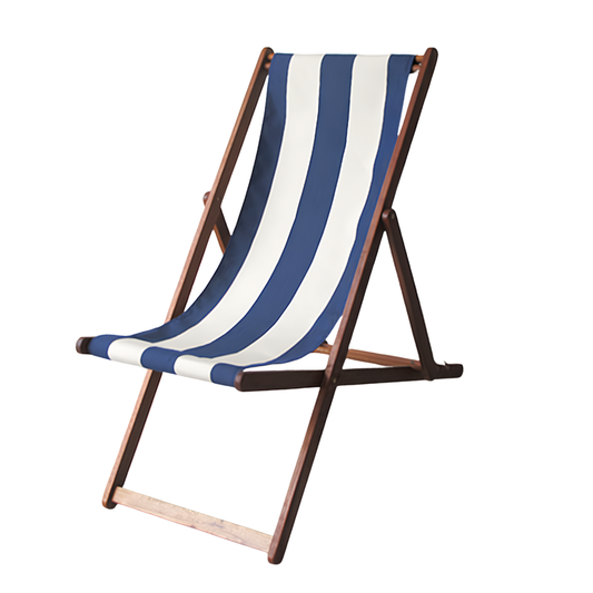 Ici et la hardwood folding deckchair with navy and cream bold striped waterproof fabric. On a white background