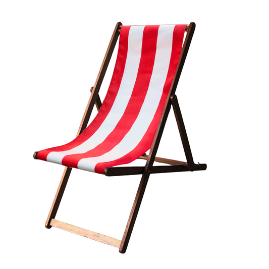 Ici et la hardwood deckchair featuring a red and white bold striped waterproof Sunbrella fabric