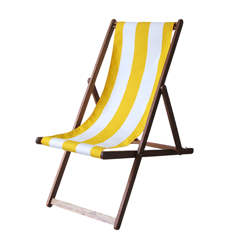A yellow and white striped deckchair with a ici et la hardwood frame, displayed against a white background.