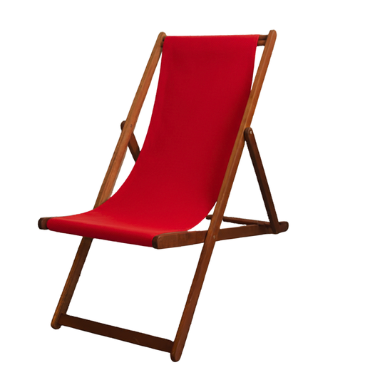 Ici et la hardwood folding deckchair featuring a red outdoor sling by Sunbrella. On a white background