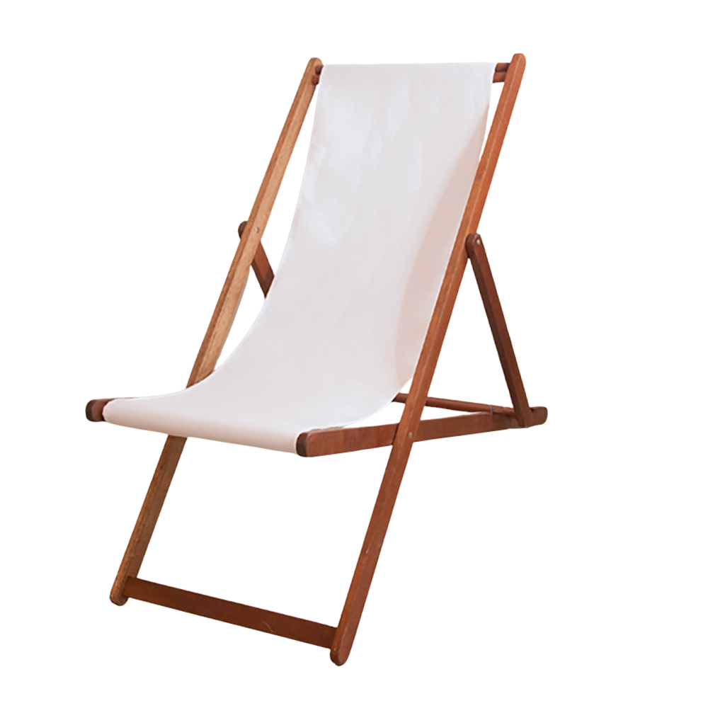 A beige/natural-coloured deckchair with a hardwood frame and a synthetic Sunbrella fabric sling, folded open and set against a white background.