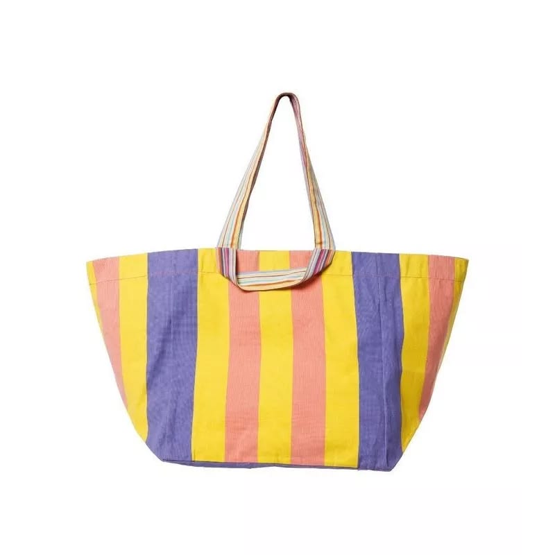 Shoulder carry bag made with Carthage Jaune Rode - a fabric featuring a striped pattern with vibrant yellow, rose and klein blue. A detailed 100% cotton weave by By Les Toiles du Soleil