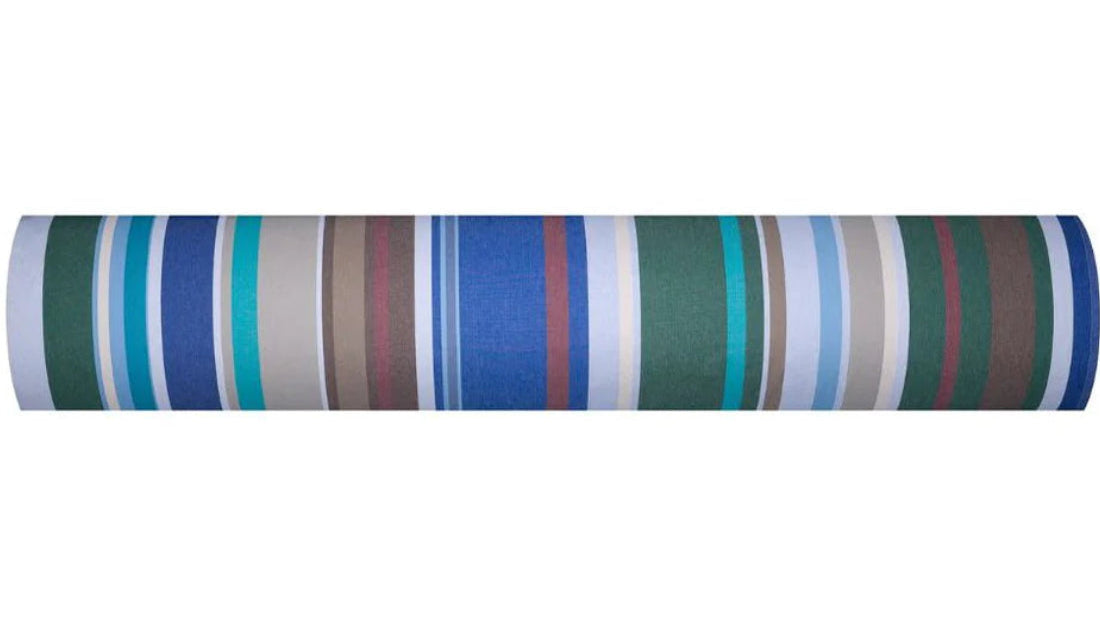Roll of cotton fabric by Les Toiles du Soleil. Baikal is stripes of lavender, turquoise, green, navy, beige, and white