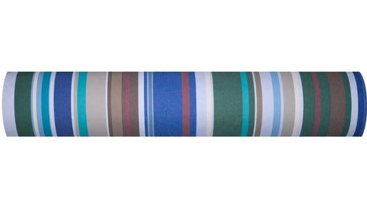 Roll of cotton fabric by Les Toiles du Soleil. Baikal is stripes of lavender, turquoise, green, navy, beige, and white