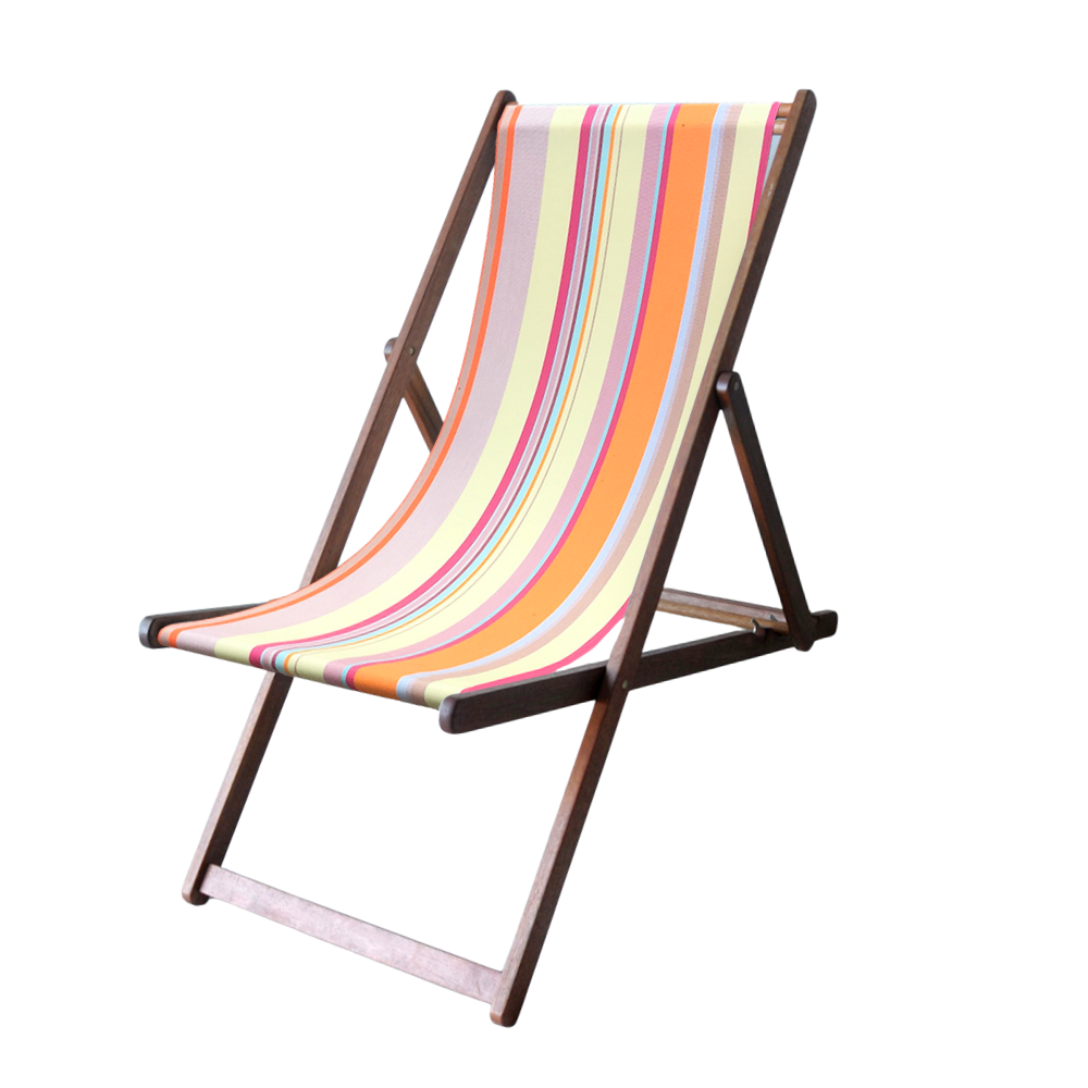 Hardwood folding deckchair with outdoor June sunset fabric by Les Toiles du Soleil and sunbrella. The fabric features yellow, orange, lilac, and crimson stripes. One a white background