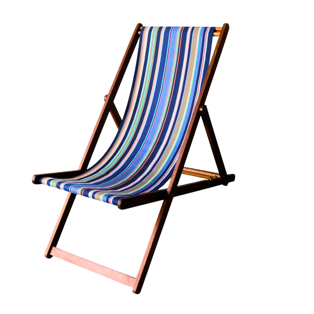 Hardwood folding deckchair with waterproof acrylic Sunbrella fabric featuring shades of blue stripes with detail, taupe, orange, turquoise, and a pop of pink. On a white background.