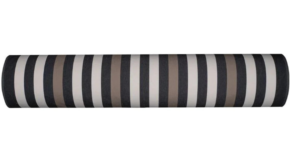 Boulevard Raspail Taupe 100% cotton Les Toiles du Soleil 180cm with black, brown and neutral multi striped fabric roll 