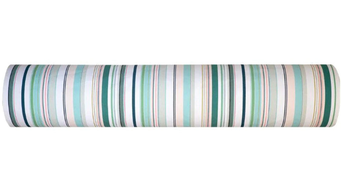 Les Toiles du soleil Bompas range of indoor cotton fabric roll. This multi coloured striped fabric palette is made up of greens, light blues, soft pinks and white 