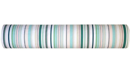 Les Toiles du soleil Bompas range of indoor cotton fabric roll. This multi coloured striped fabric palette is made up of greens, light blues, soft pinks and white 