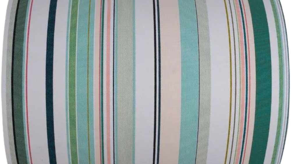 Bompas cotton fabric roll by Les Toiles du Soleil. Featuring soft hues of striped greens, turquoise, blush pink and white.