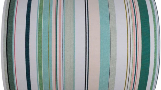 Bompas cotton fabric roll by Les Toiles du Soleil. Featuring soft hues of striped greens, turquoise, blush pink and white.