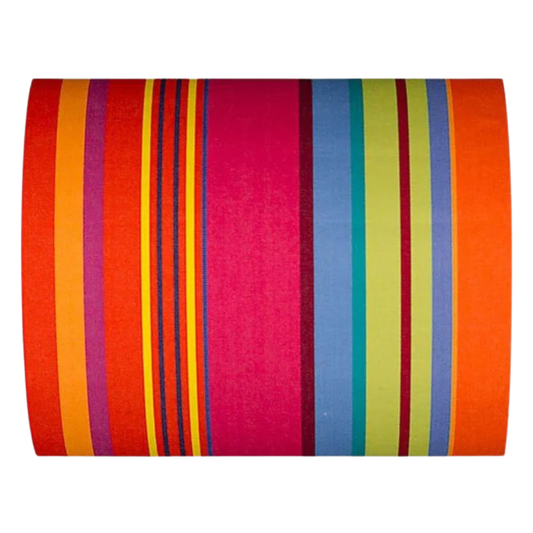 Bonbon Plume 43cm fabric featuring a striped pattern with vibrant stripes of orange, pink and red, punctuated with anise and fine bluish stripes. A detailed 100% cotton weave by By Les Toiles du Soleil