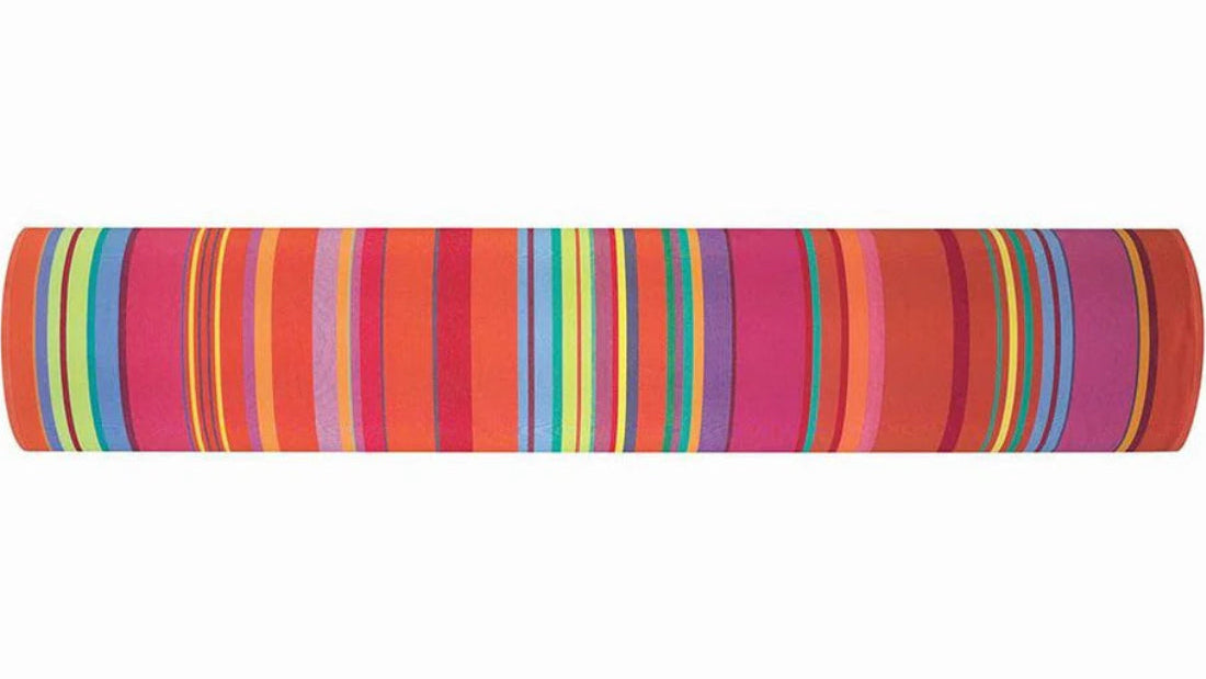 Les Toiles du Soleil 100% cotton fabric roll of Bonbon Plume- a multi coloured striped fabric of in vibrant orange, pink, and red, accented with anise tones and fine blue stripes.