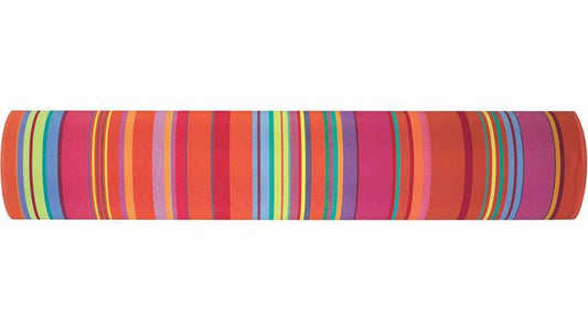 Les Toiles du Soleil 100% cotton fabric roll of Bonbon Plume- a multi coloured striped fabric of in vibrant orange, pink, and red, accented with anise tones and fine blue stripes.