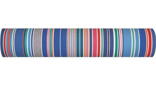 A cotton fabric roll of Aigue Marine, which is a multi coloured striped fabric made by Les toiles du Soleil. It showcases a variety of shades of blue, pink, red turquoise, greens and other vibrant colours