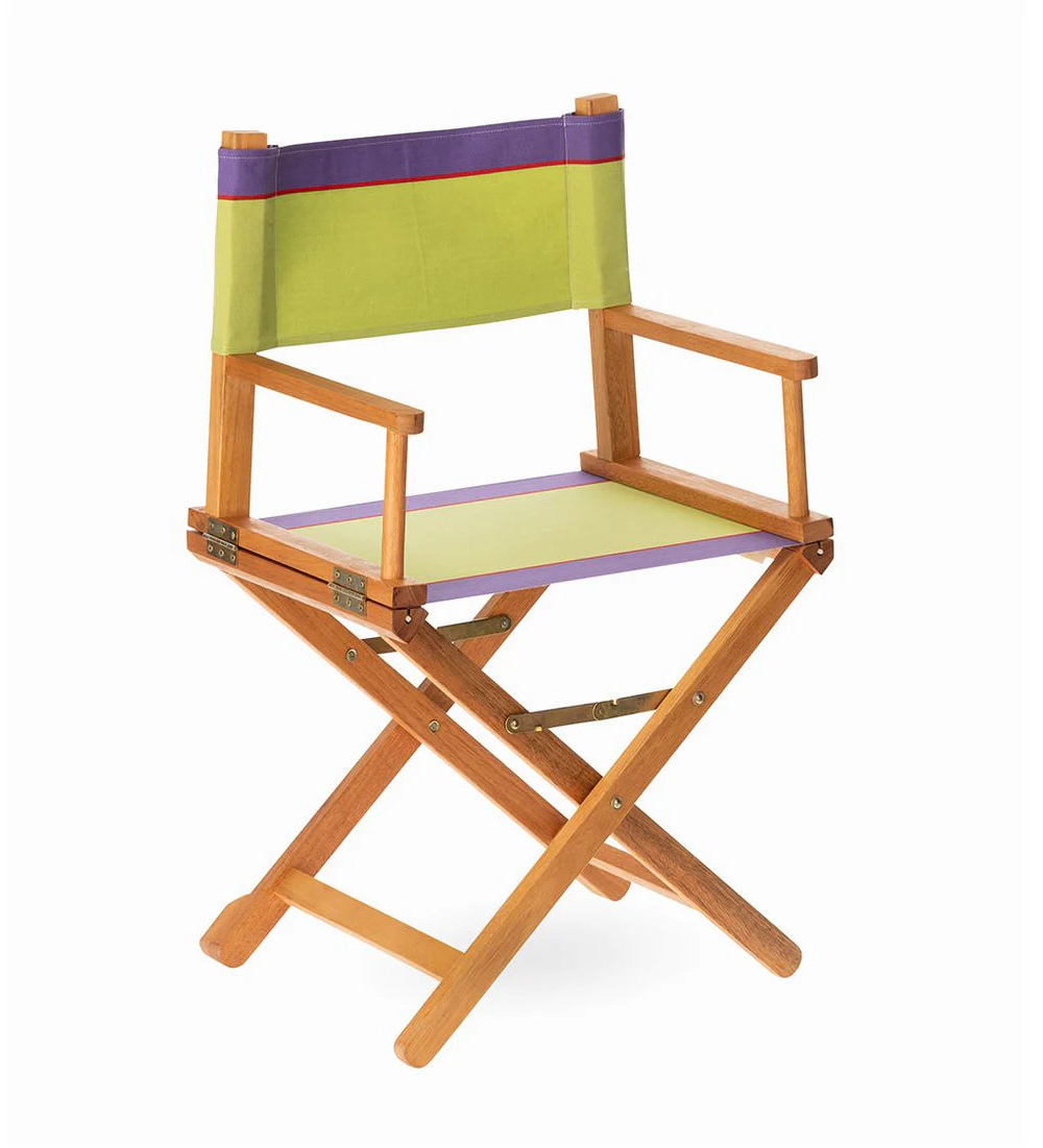 Wooden directors chair with Camino Violet cotton fabric. Featuring a bold middle stripe in lime with purple edges. Between the lime and purple is a thin fuchsia/red stripe. White background.