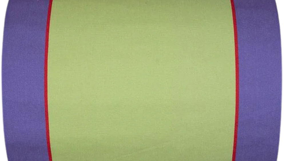 Camino Violet cotton fabric roll featuring a bold middle stripe in lime with purple edges. Between the lime and purple is a thin fuchsia/red stripe