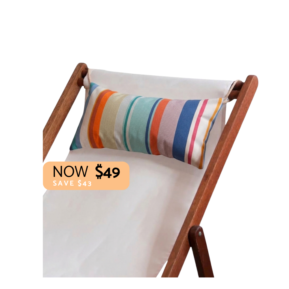 Multicoloured striped head cushion on a plain white deckchair sling. With a "NOW $49" sign. On a plain background