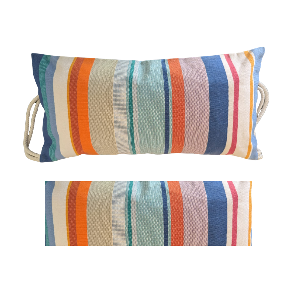 A rectangular striped lumbar pillow with rope handles on the sides, shown from two angles: a full view at the top and a close-up of the striped pattern at the bottom. The stripes feature blue, teal, orange, beige, and pink on a white background.