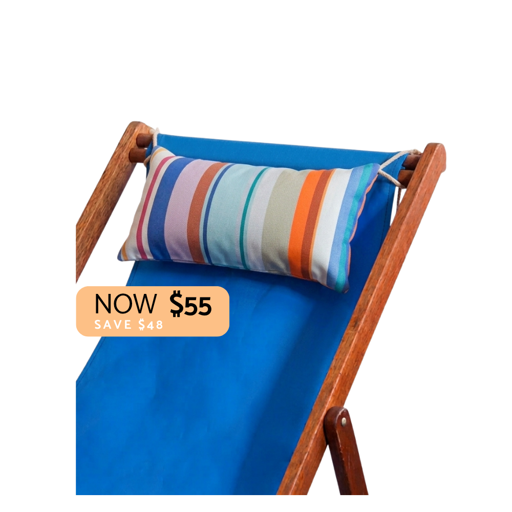 A blue fabric beach chair with a brown wooden frame, featuring a striped lumbar pillow in shades of blue, orange, pink, and white. A peach-colored promotional badge on the left reads 'NOW $55 SAVE $48'.