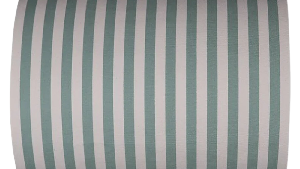 Cotton fabric roll featuring even stripes of soft sage/almond green and crisp white. Made by Les Toiles du Soleil