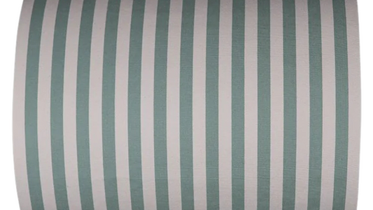 Cotton fabric roll featuring even stripes of soft sage/almond green and crisp white. Made by Les Toiles du Soleil