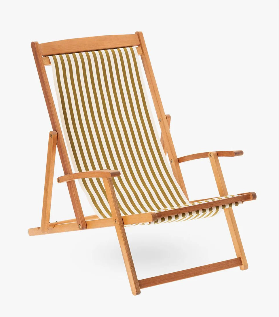 Wooden deckchair with ecru/natural and bronze/khaki striped cotton fabric