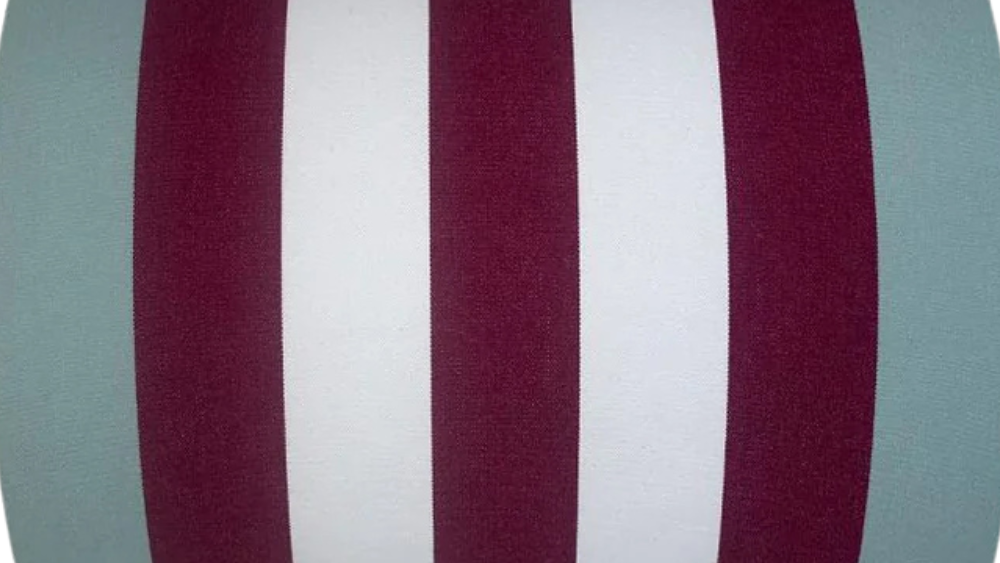 Bold striped cotton fabric featuring soft grey blue, purple/burgundy and white. Made by Les Toiles du Soleil