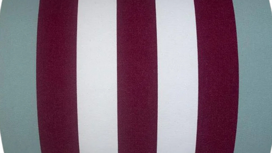 Bold striped cotton fabric featuring soft grey blue, purple/burgundy and white. Made by Les Toiles du Soleil