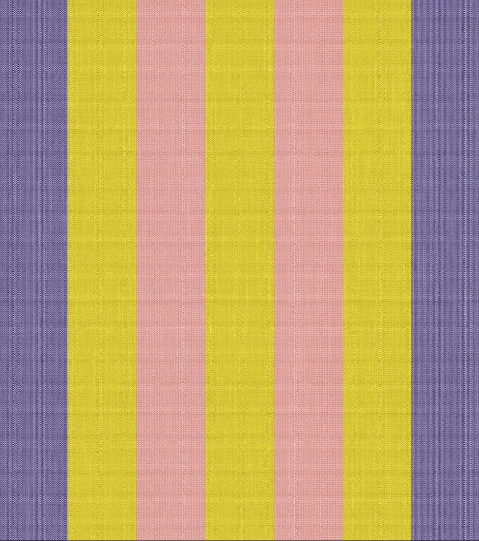 Close up of Carthage Jaune Rode is fabric featuring a striped pattern with vibrant yellow, rose and klein blue. A detailed 100% cotton weave by By Les Toiles du Soleil