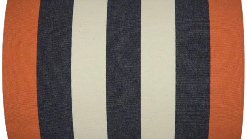 Bold thick striped fabric with black, ecru beige and rust colour on the sides.
