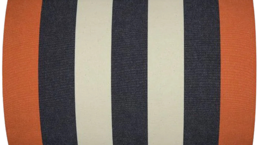 Bold thick striped fabric with black, ecru beige and rust colour on the sides.