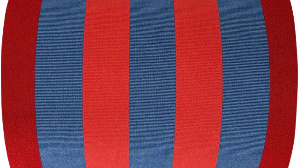 Carthage Roy Rose choc is a vibrant coloured striped fabric with deep reds, blues  and pop of bright red