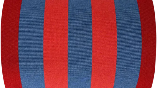 Carthage Roy Rose choc is a vibrant coloured striped fabric with deep reds, blues  and pop of bright red