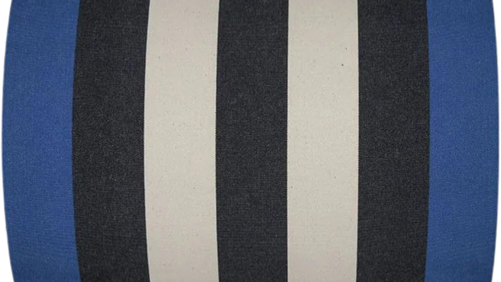Carthage Roy is a bold cotton fabric featuring black and off- white, natural coloured stripes in between marine blue edges. Made by Les Toiles du Soleil