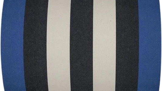 Carthage Roy is a bold cotton fabric featuring black and off- white, natural coloured stripes in between marine blue edges. Made by Les Toiles du Soleil