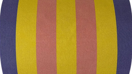 Carthage Jaune Rode is fabric roll featuring a striped pattern with vibrant yellow, rose and klein blue. A detailed 100% cotton weave by By Les Toiles du Soleil