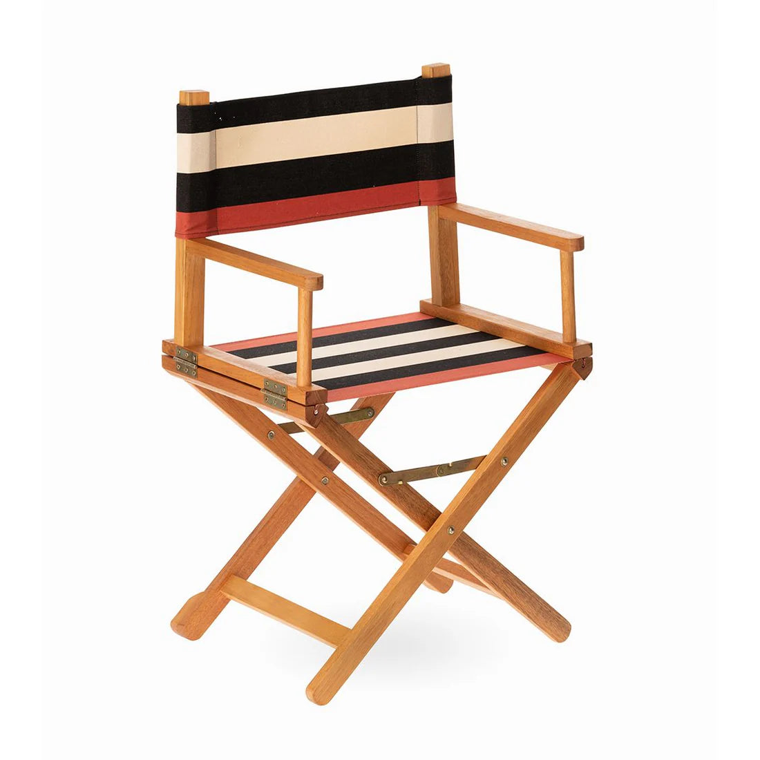 directors chair with fabric of bold black and ecru/beige stripes in-between red edges