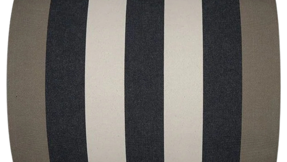 Roll of cotton fabric with bold black, ecru stripes in-between taupe coloured stripes on the edges