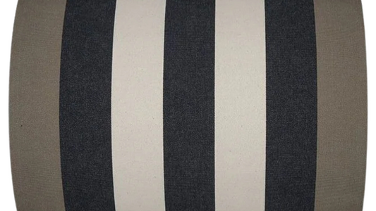 Roll of cotton fabric with bold black, ecru stripes in-between taupe coloured stripes on the edges
