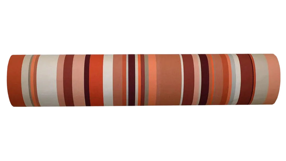 Cayrou Les Toiles du Soleil Sunbrella Outdoor fabric roll. Multi coloured striped fabric with shades of terracotta and greys