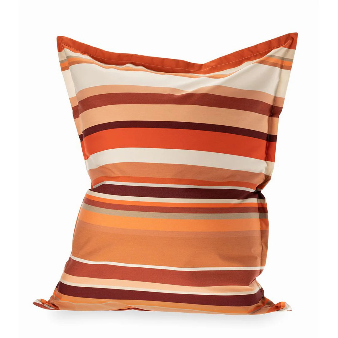 Giant cushion made from Cayrou Les Toiles du Soleil Sunbrella outdoor fabric. Multi coloured striped fabric with shades of terracotta and warm tones