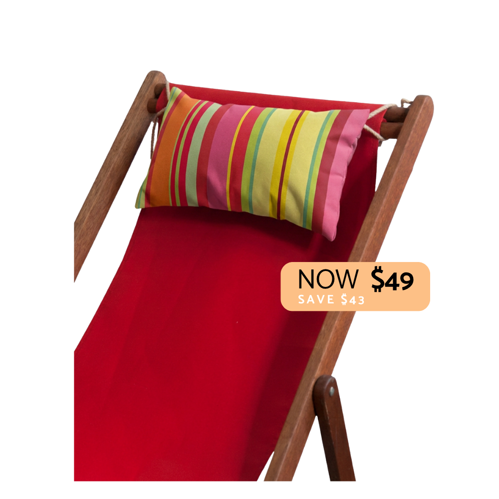 Red fabric beach chair with a wooden frame and a colorful striped pillow, shown on a white background with a sale price badge reading NOW $49 SAVE $43.