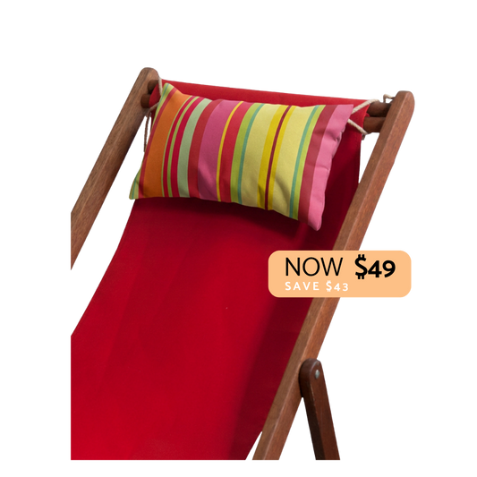 Red fabric beach chair with a wooden frame and a colorful striped pillow, shown on a white background with a sale price badge reading NOW $49 SAVE $43.