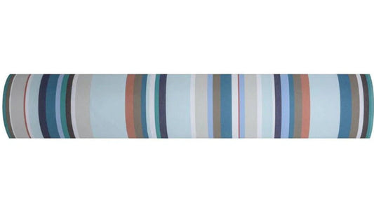 Multi coloured striped Fabric cotton roll called CHALUTIER by Les Toiles du Soleil. Colours of blues, teal, navy and grey