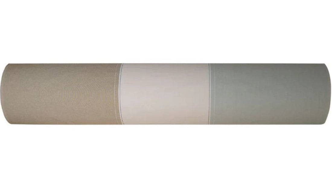 Charlotte Anis cotton fabric by Les Toiles du Soleil. Bold stripes of beige and muted blue roll