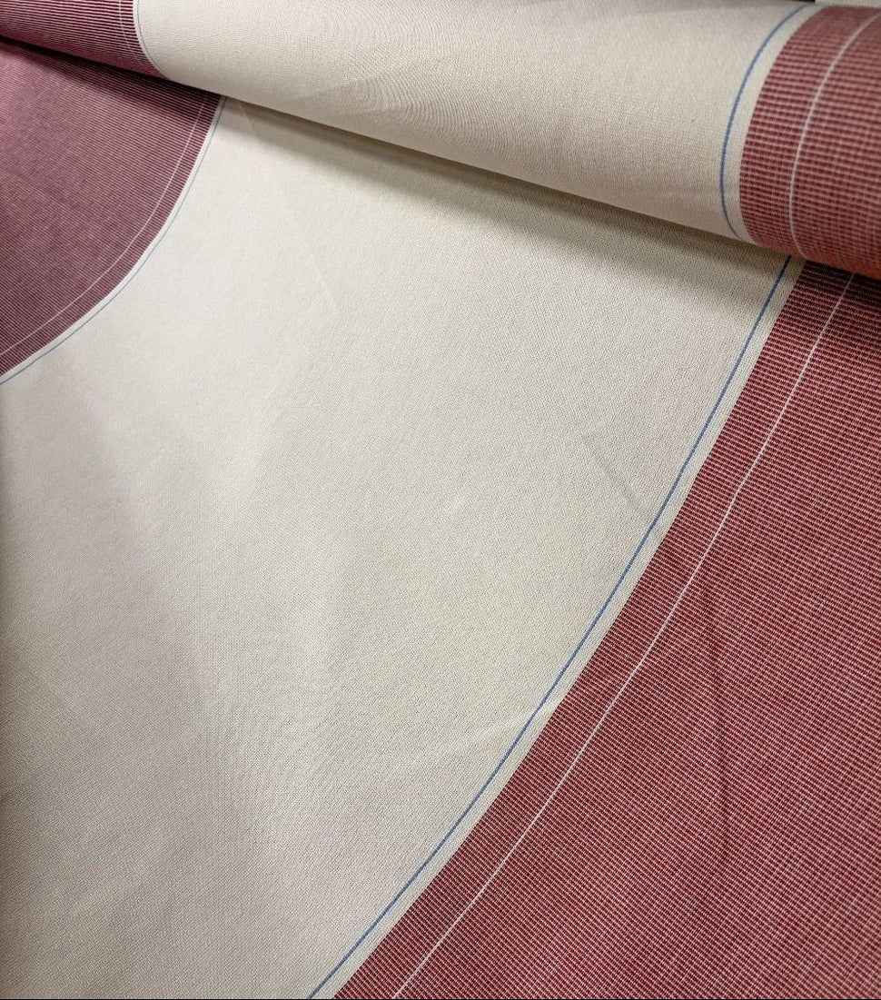 Les Toiles du Soleil Charlotte Tomette fabric of sweet terracotta, lavender blue and cream stripes 100% cotton fabric roll close up 